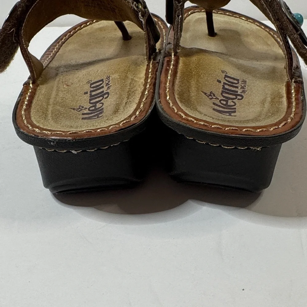Alegria Carina Brown Leather Thong Sandals with Turquoise Detail